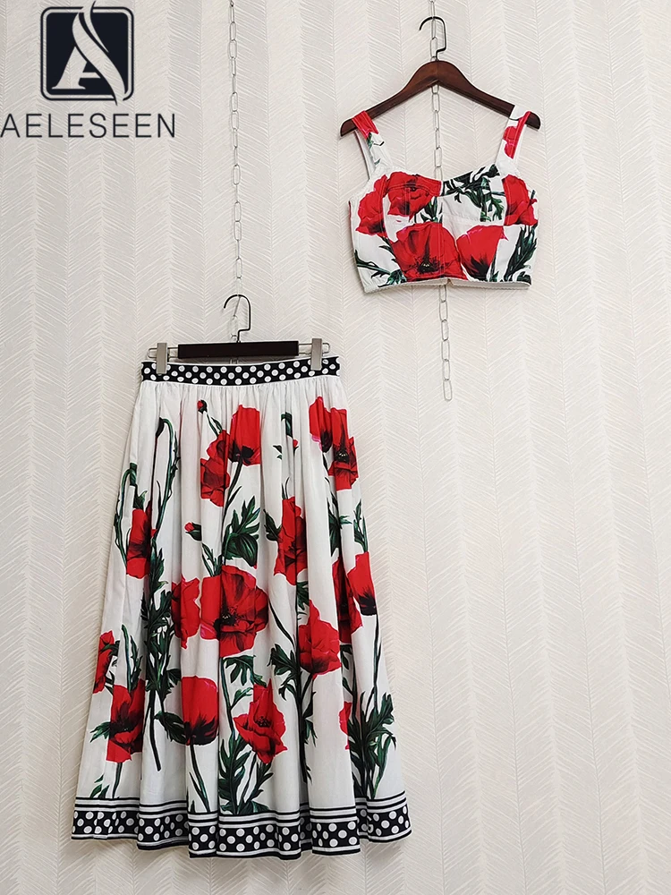 

AELESEEN Women Sicilian Set Spring Summer Spaghetti Strap Crop + High Waist Skirt Flower Dots Print 2 Pieces Set Holiday Party