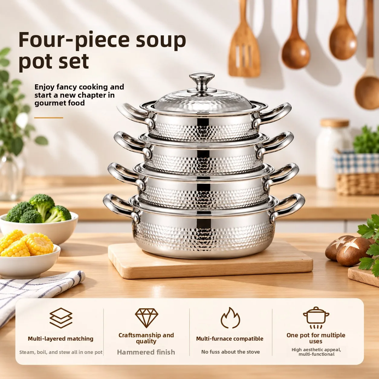 Four-piece hammer soup pot 22-28cm stainless steel soup pot hot pot binaural non-stick pan high temperature resistant with lid