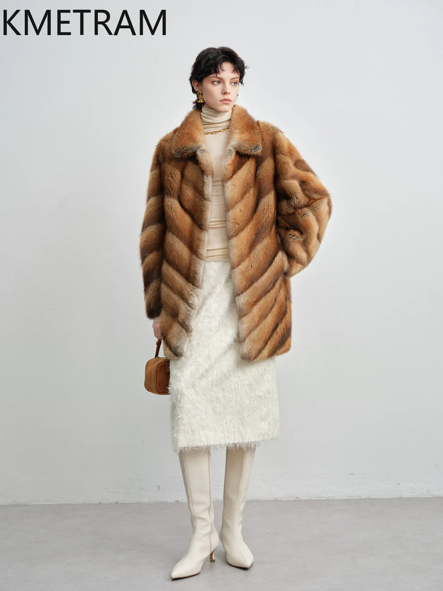 KMETRAM 100% Whole Muskrat Fur Jacket Women Luxury Lapel Collar Coats Winter Mid-Length Real Fur Coat Woman Clothing 80cm 2026