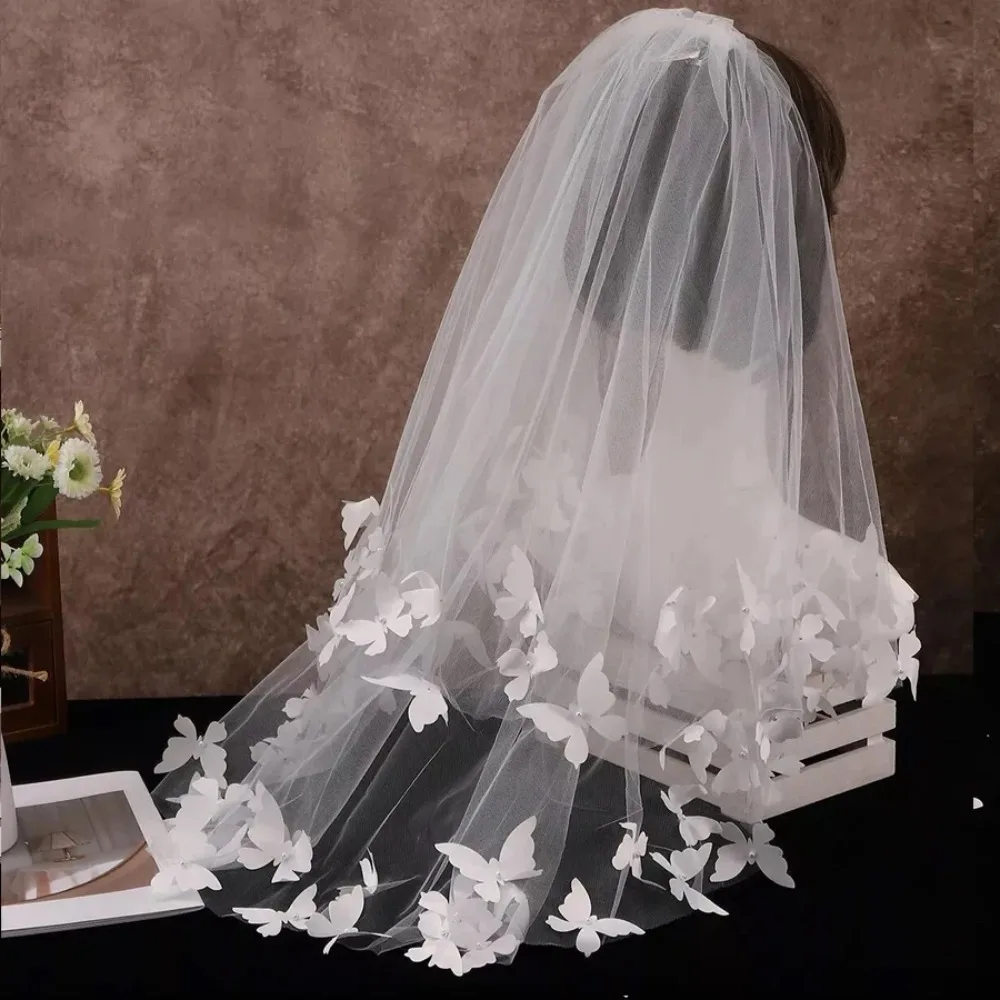 Butterfly Pearls Bridal Veil 2 Layers Short Wedding Veils Customized