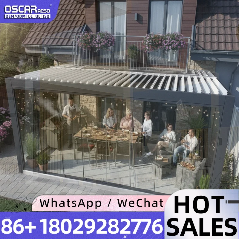 Weather Resistant Sensor Controlled Aluminum Pergola Smart Automated Adjustable Louver System Patio Garden Backyard European Sty