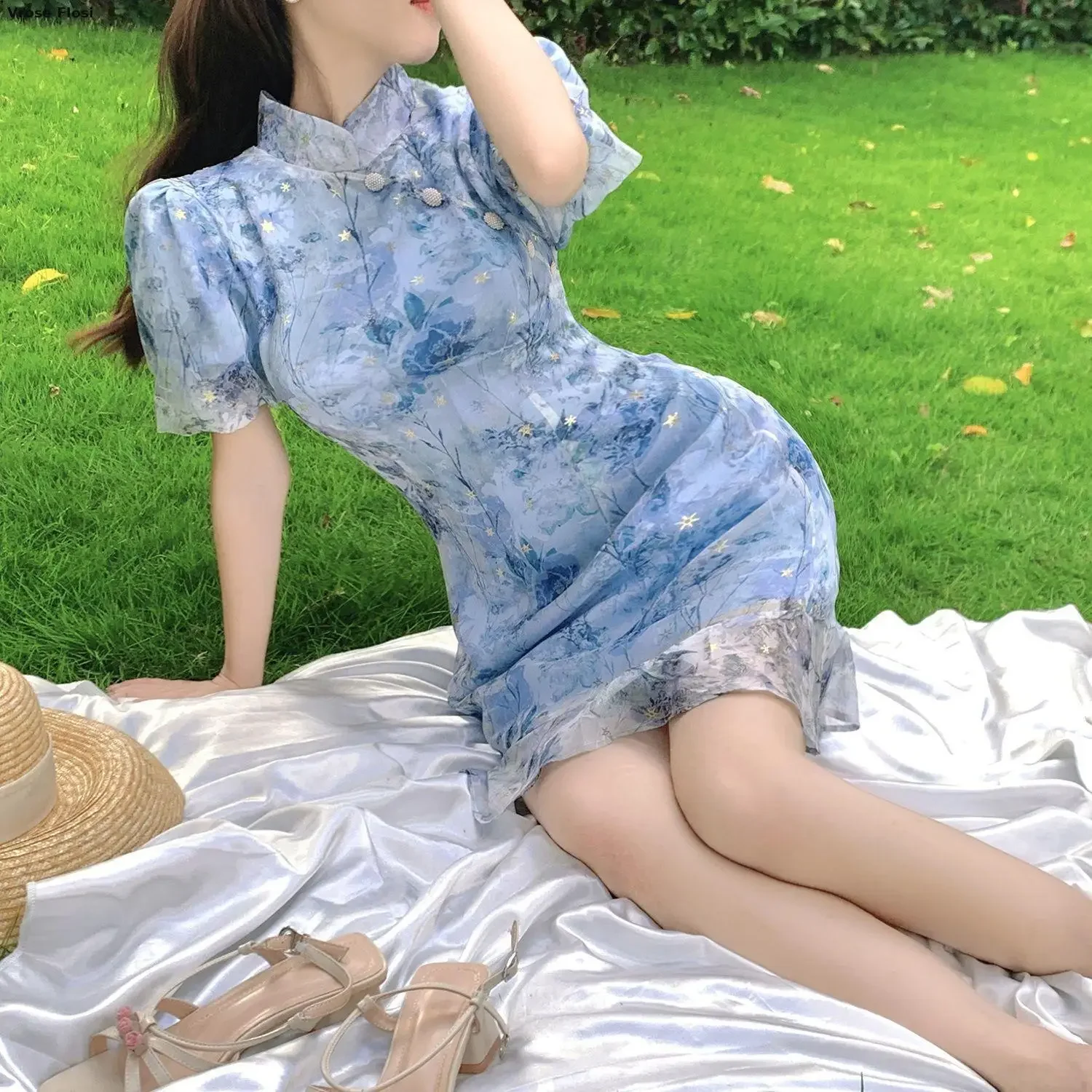 2024 Summer French Short Sleeve Modern Chinese Dress Improvement Cheongsam Girl's Blue Print Fashion Dresses Qipao Cheongsam