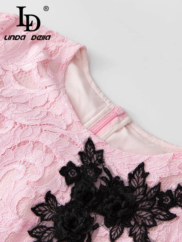 LD LINDA DELLA Summer New Style Italian Luxury Dress Women's Round Neck Embossed hollow High waist Splice Lace party Dress