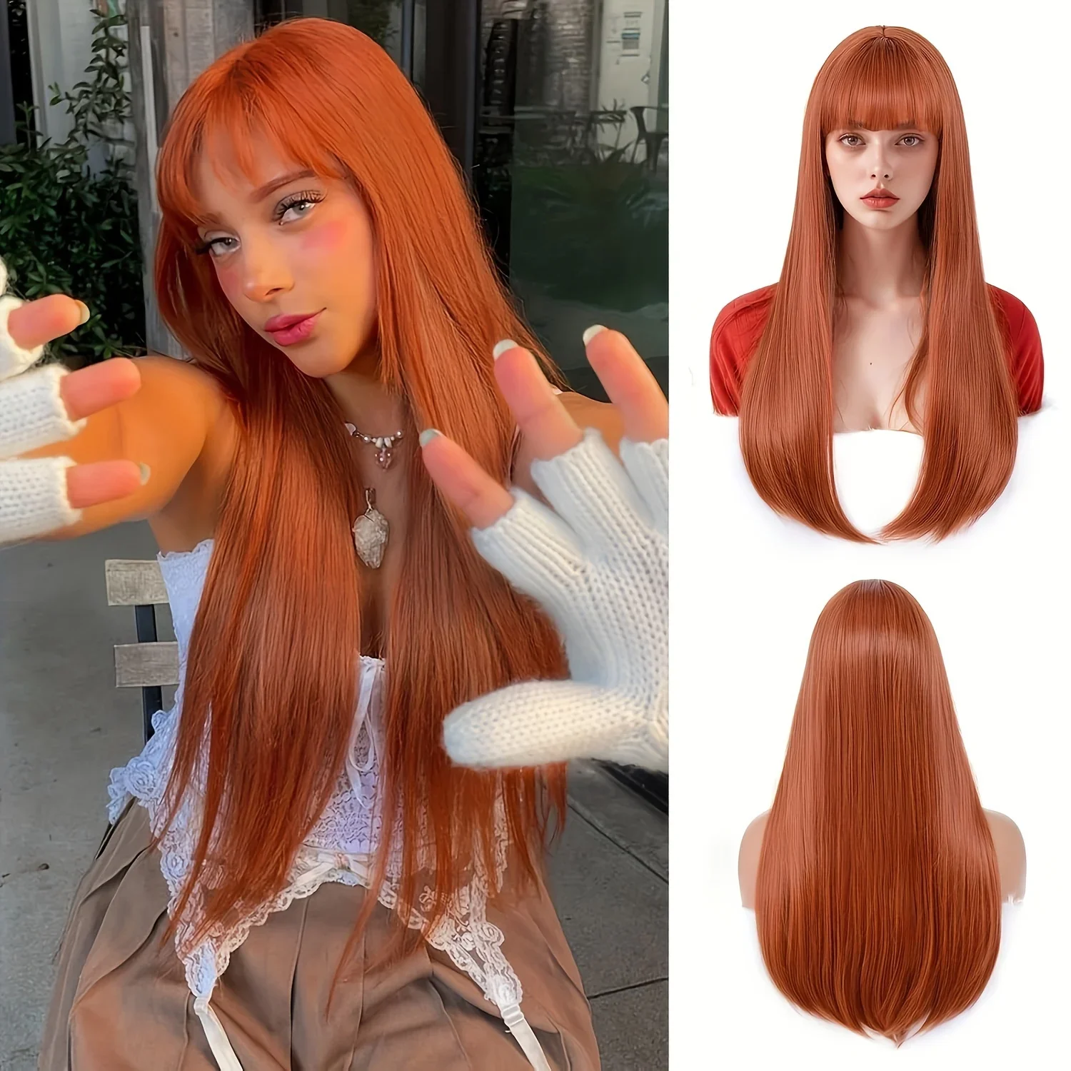 

Women's Heat-Resistant Synthetic Wig: Long Split-Dye Straight Style with Bangs - Versatile for Cosplay, Party, Halloween & Daily