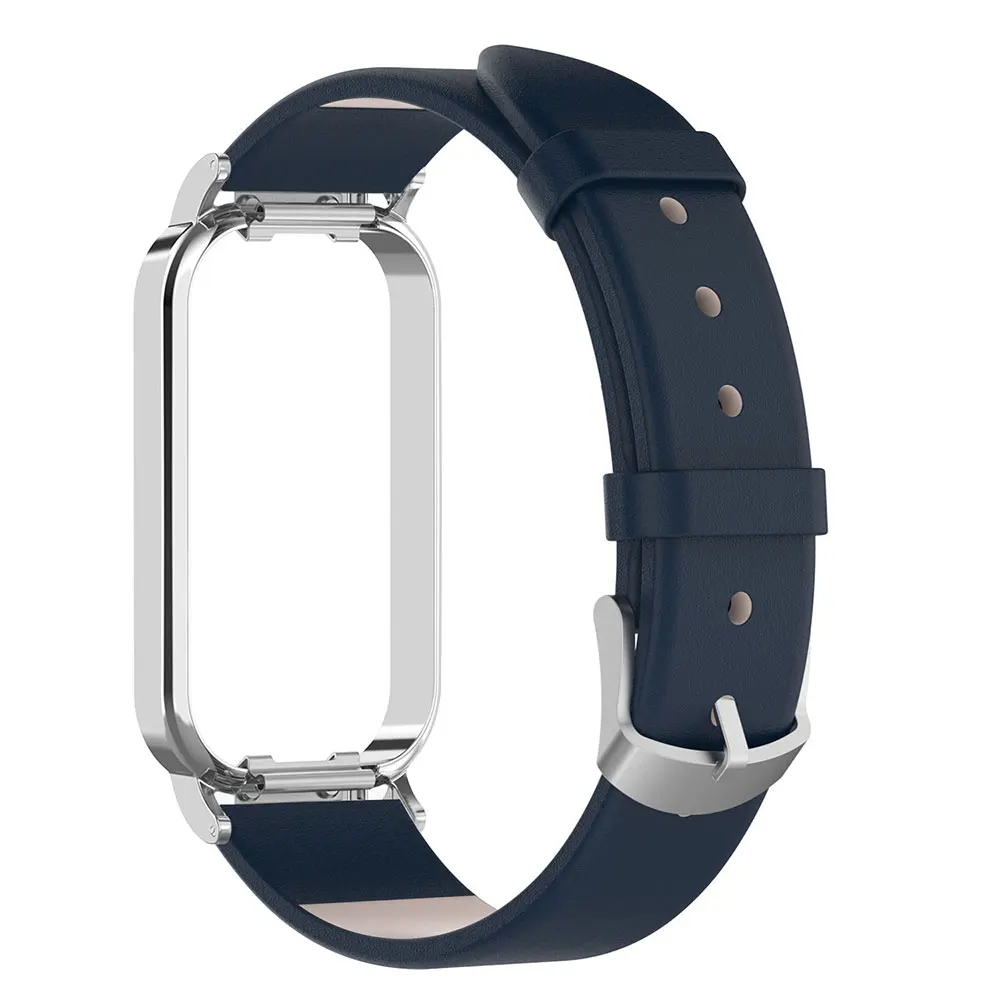 Pulseira de couro e caixa de aço inoxidável para Xiaomi Smart Band, pulseira para 8 Active, Redmi Band 2