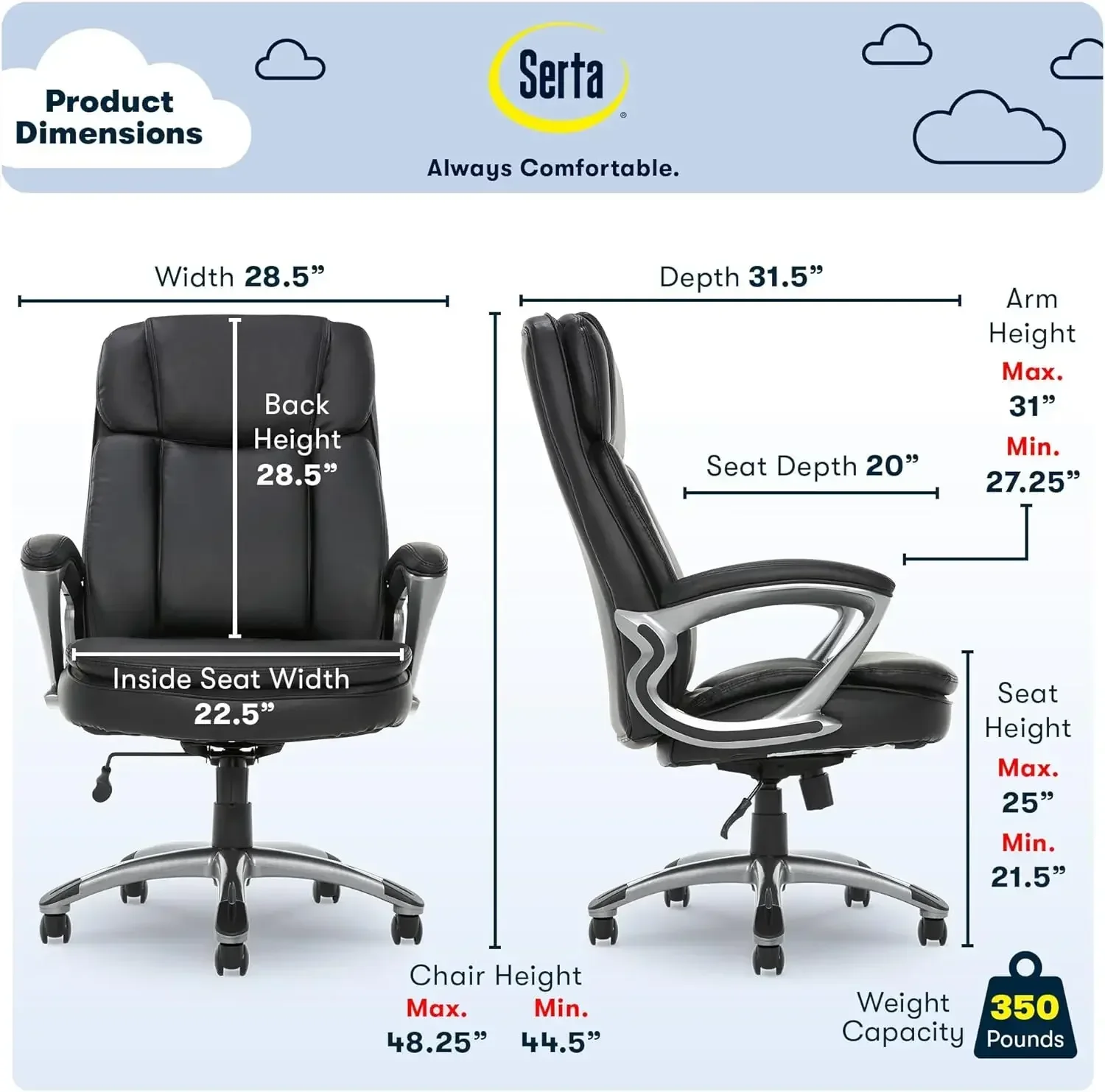 home.Serta Fairbanks Big and Tall High Back Executive Office Ergonomic Gaming Computer Chair with Lad Lumbar Zone, Black