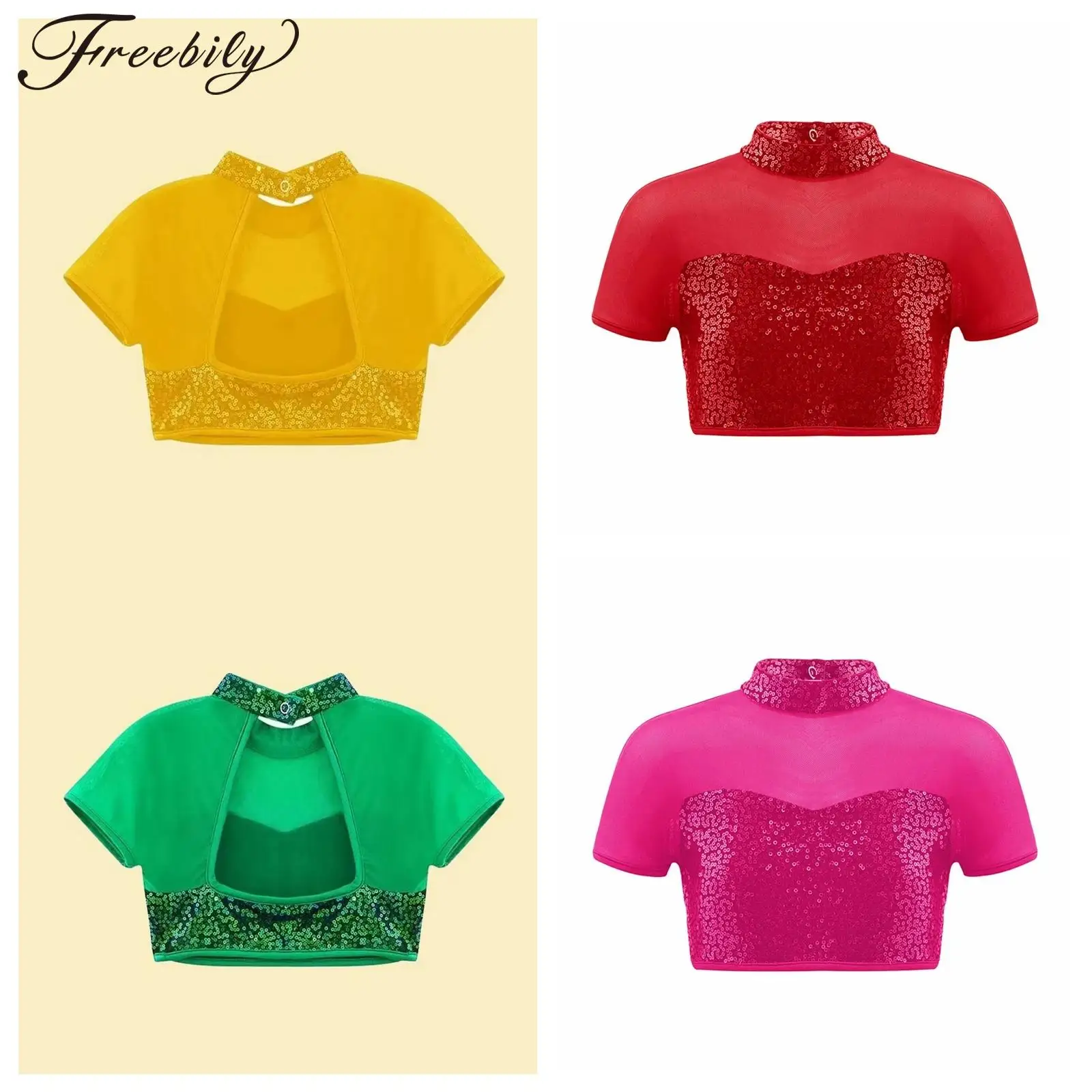 T-shirt per bambina con paillettes lucide T-shirt per bambini alla moda Street Jazz Dance Crop Top Hip-hop T-shirt a maniche corte T-shirt per costumi
