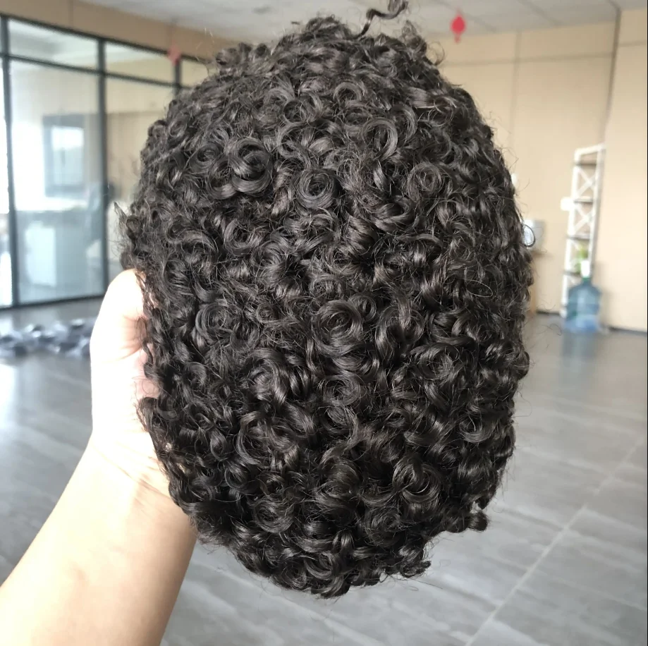 Extrem langlebiges Toupet für Herren mit natürlichem Haaransatz, 18 mm, lockige Afro-Perücke für Männer, schwarz, braun, grau, dünnes Mikro-Haut-Haarteil, Echthaarsystem – Detail 5