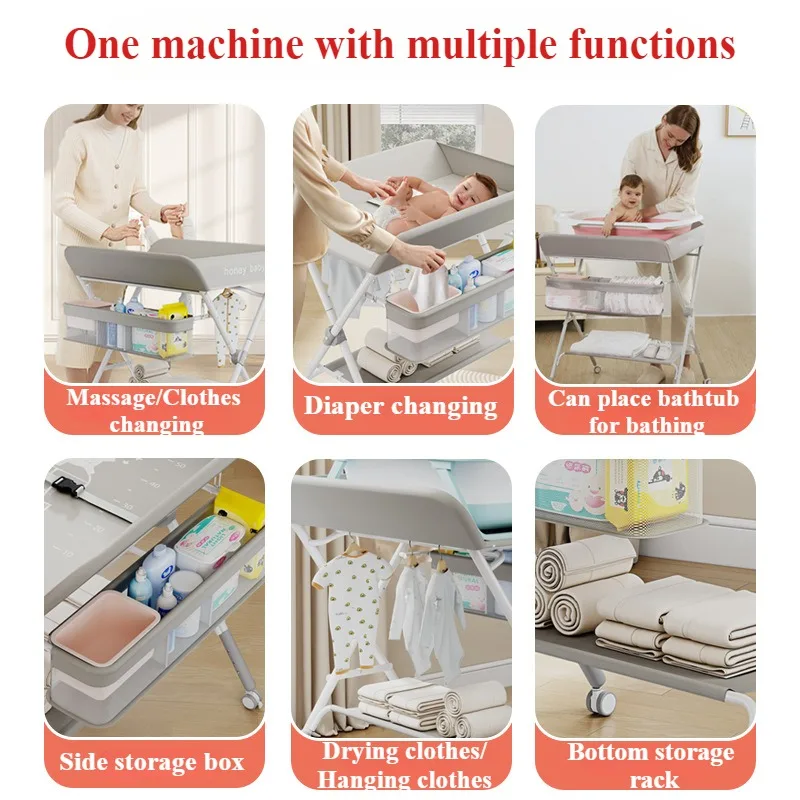 Portable Baby Changing Table for Nursery Height Adjustable Foldable Diaper Table with Swivel Wheels Drying Rack Large Storage