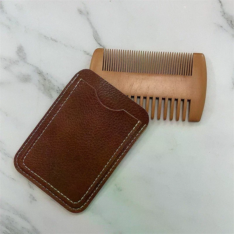 

Natural Wood Hair Brush Beard Comb With PU Leather Case Anti-Static Mustache Pocket Comb Brushing Hair Care Tools For Men Gift