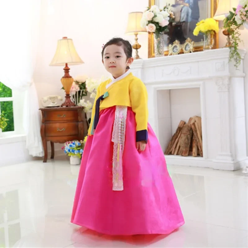 

Желтый топ Hanbok для девочек и розовая юбка, традиционное корейское Ретро платье для первого года банкета для девочек