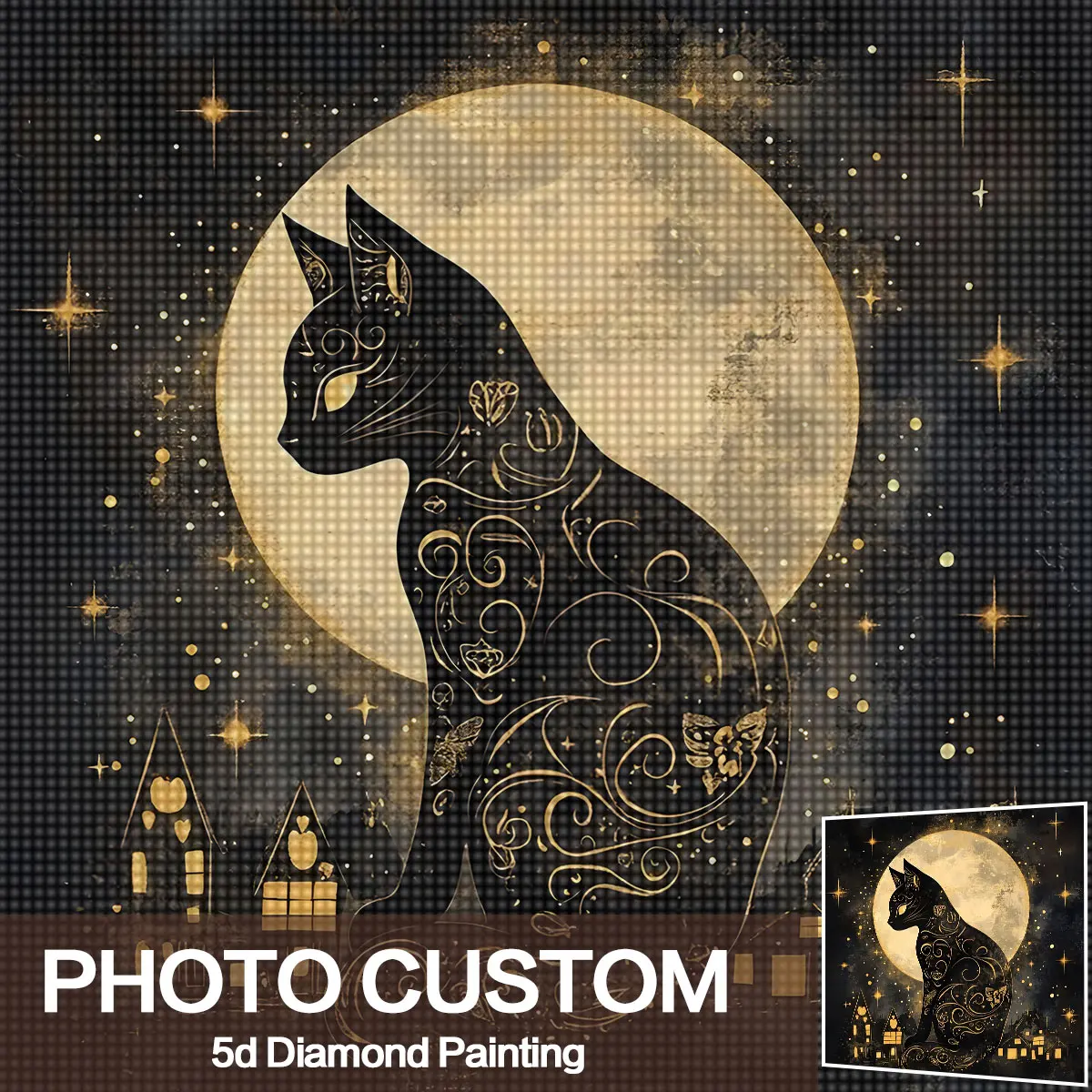 Custom Photo 1pc 1pcs Suitable for Beginners & 1pc Round Acrylic Gem 5D DIY Diamond Painting Kit - Elegant Black Cat Under Moon