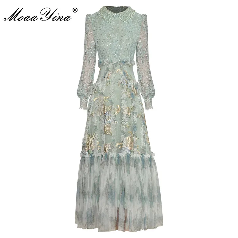 MoaaYina Modedesigner-Sommerkleid für Damen, Umlegekragen, Laternenärmel, Spitze, Perlenstickerei, Netzkleider