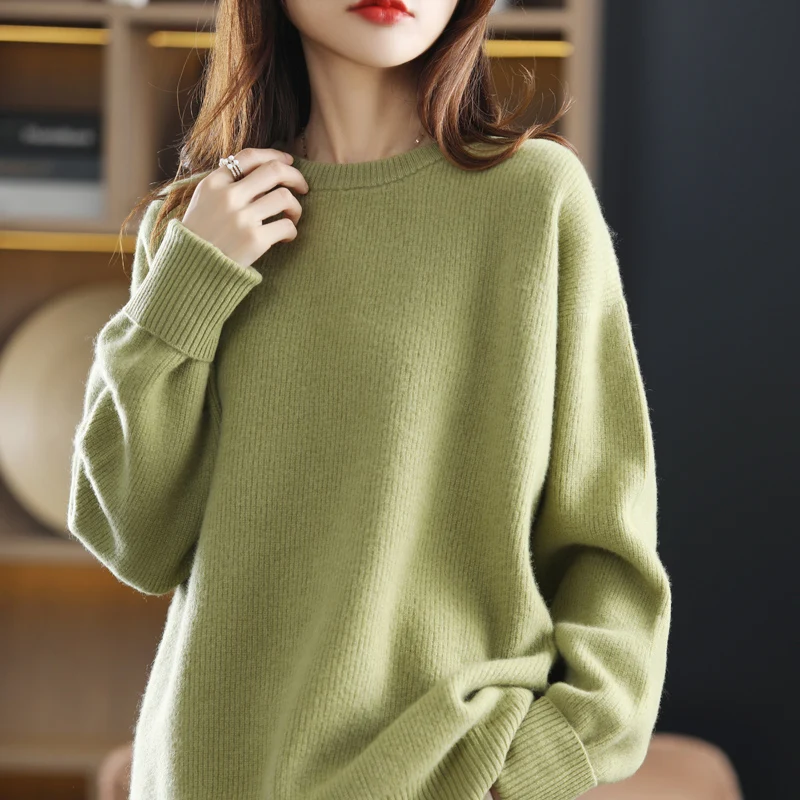 Plus Size Knit Jumper Women\'s Round Neck Sweater 100% Pure Australian Wool Warm And Soft Cashmere Loose Pullover For Winter Top