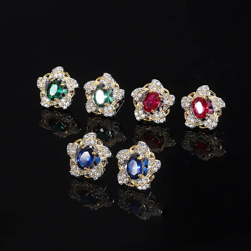 

Elegant Flower Design Stud Earrings with Sapphire Ruby Emerald Center Stone Surrounded By Sparkling CZ Crystals Perfect Jewelry