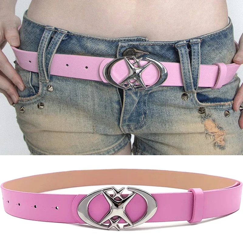 Women Punk Star Buckle Belt Design Cross Metal Vintage Gothic Belt for Men Women Y2K Pu Leather Waistband Pants Jeans Lady Belt