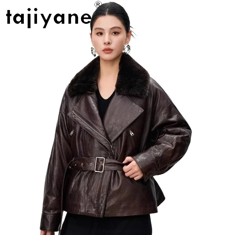 TAJIYANE Cappotto in piuma d'oca di pelle di pecora Donna Colletto in lana Piumini Giacca corta in vera pelle con cintura 2025 Abiti invernali шу sì