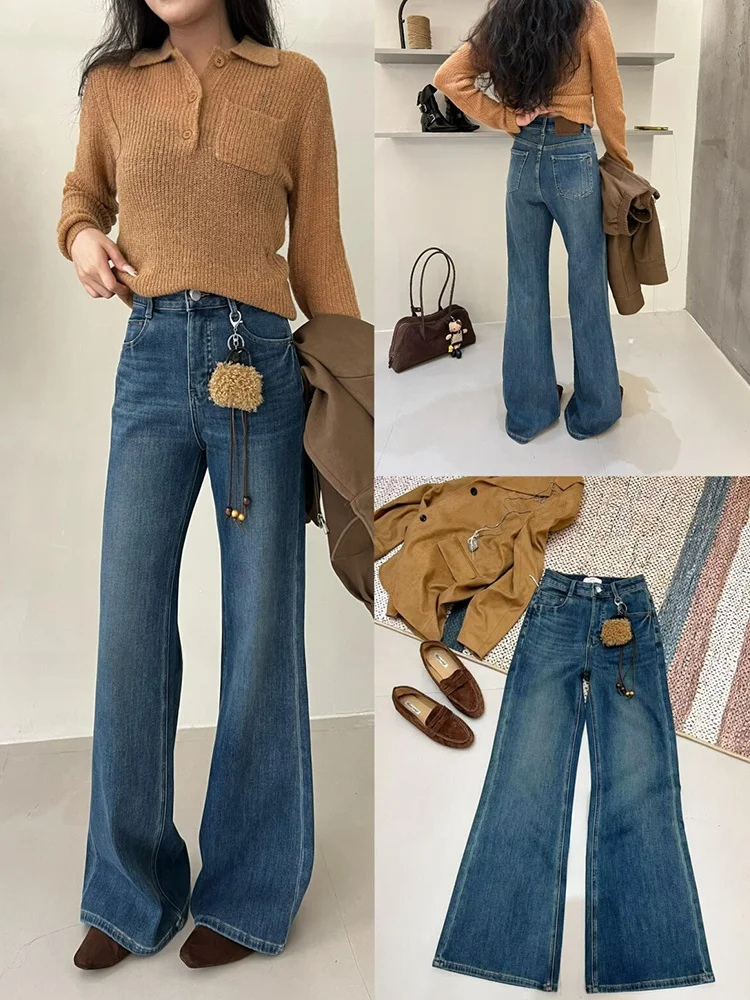 

Зимние узкие широкие джинсы с высокой эластичностью и пышными штанинами Maintains Ape Retro Hong Kong Sle с высокой талией Bell B...