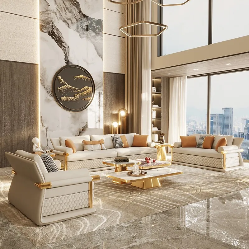 

Italian Sofa Home Furniture Stainless Steel Leg Full Leather Couch Sofa Set Furniture White Modern Living Room Sofas