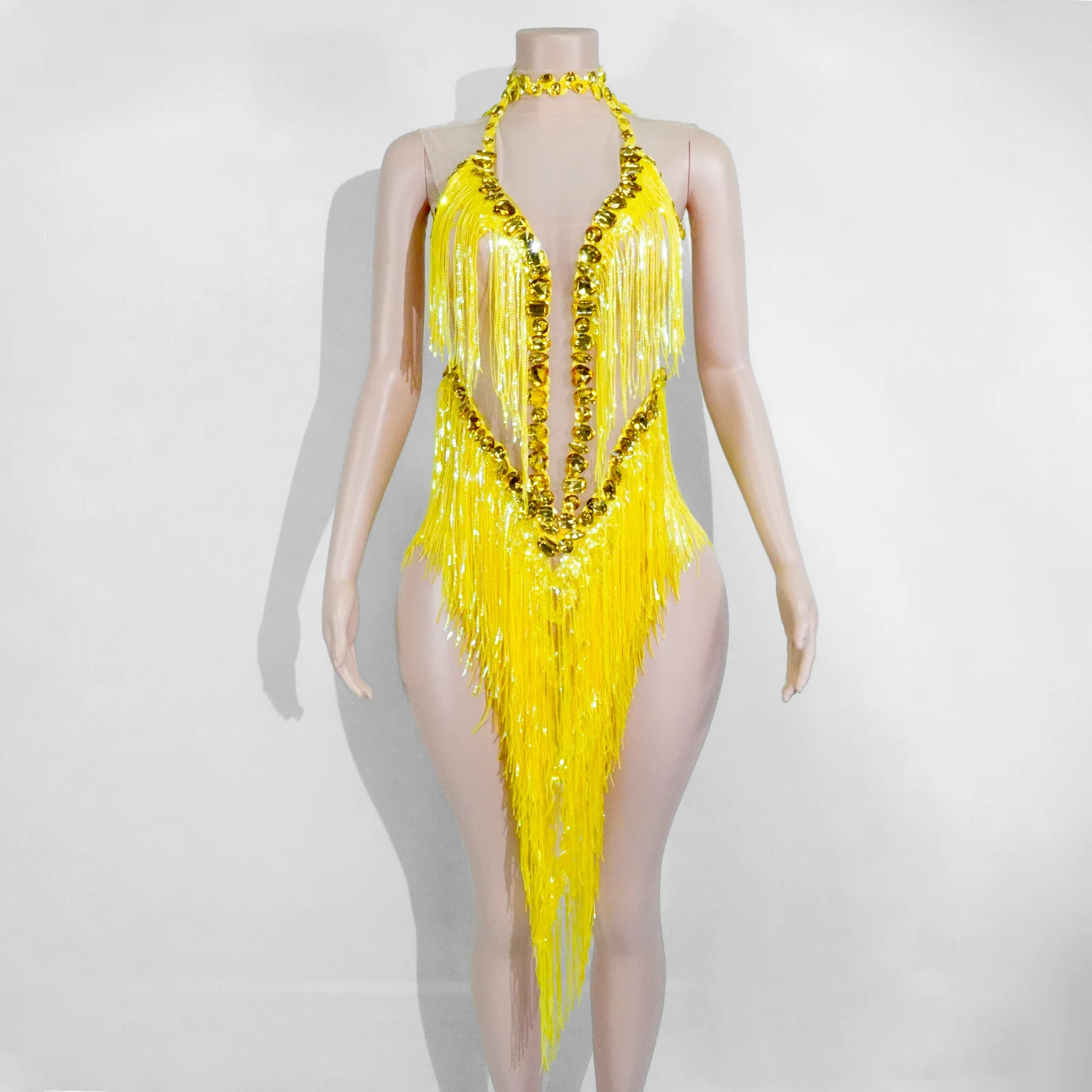 

Women Sequin Fringe Rhinestone Yellow Mesh Dress Pole Dance Stage Performance Costumes Party Nightclub Birthday Team Outfits