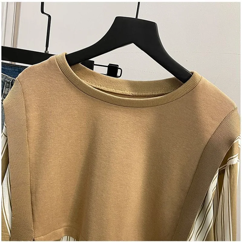 spring autumn Fake two pieces blouse women Round neck fashion Long Sleeve Button patchwork Pullovers Striped Contrast color tops