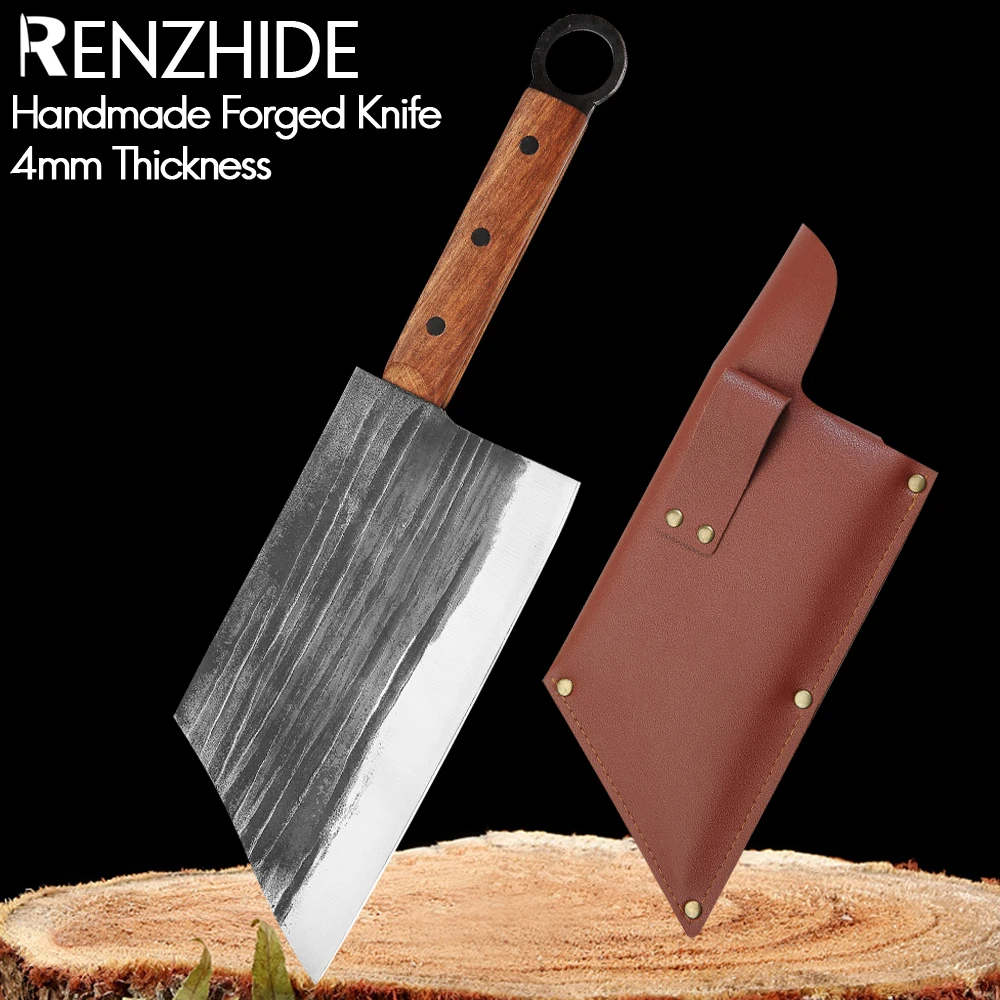 RZD Cleaver Chopper Knife 4mm High Carbon Forged Steel Kitchen Cooking Chef Bone Cutting Knife Cover Sheath Chicken Heavy Duty