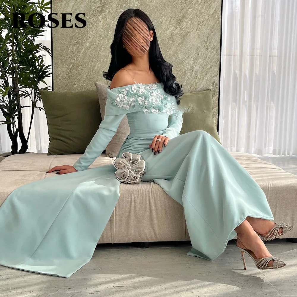 ROSES vert dentelle tache sirène épaules dénudées robe formelle robe de soirée à manches longues fleurs 3D robes d'occasion spéciale personnalisées