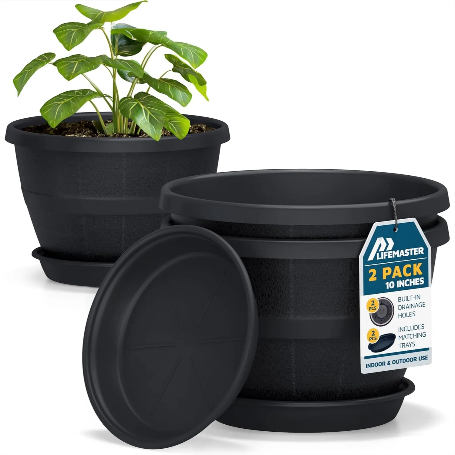 

2-Pack 10-Inch Whiskey Barrel Planters with Drainage & Saucer for Indoor Outdoor Use