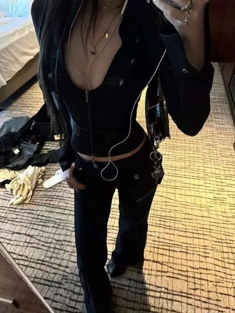 2025 New Black Y2k Crop Tops Sexy Blouses Women Spicy Girl V-neck Zipper Shirts Long Sleeve Tunic Casual Design Slim Chic Tops