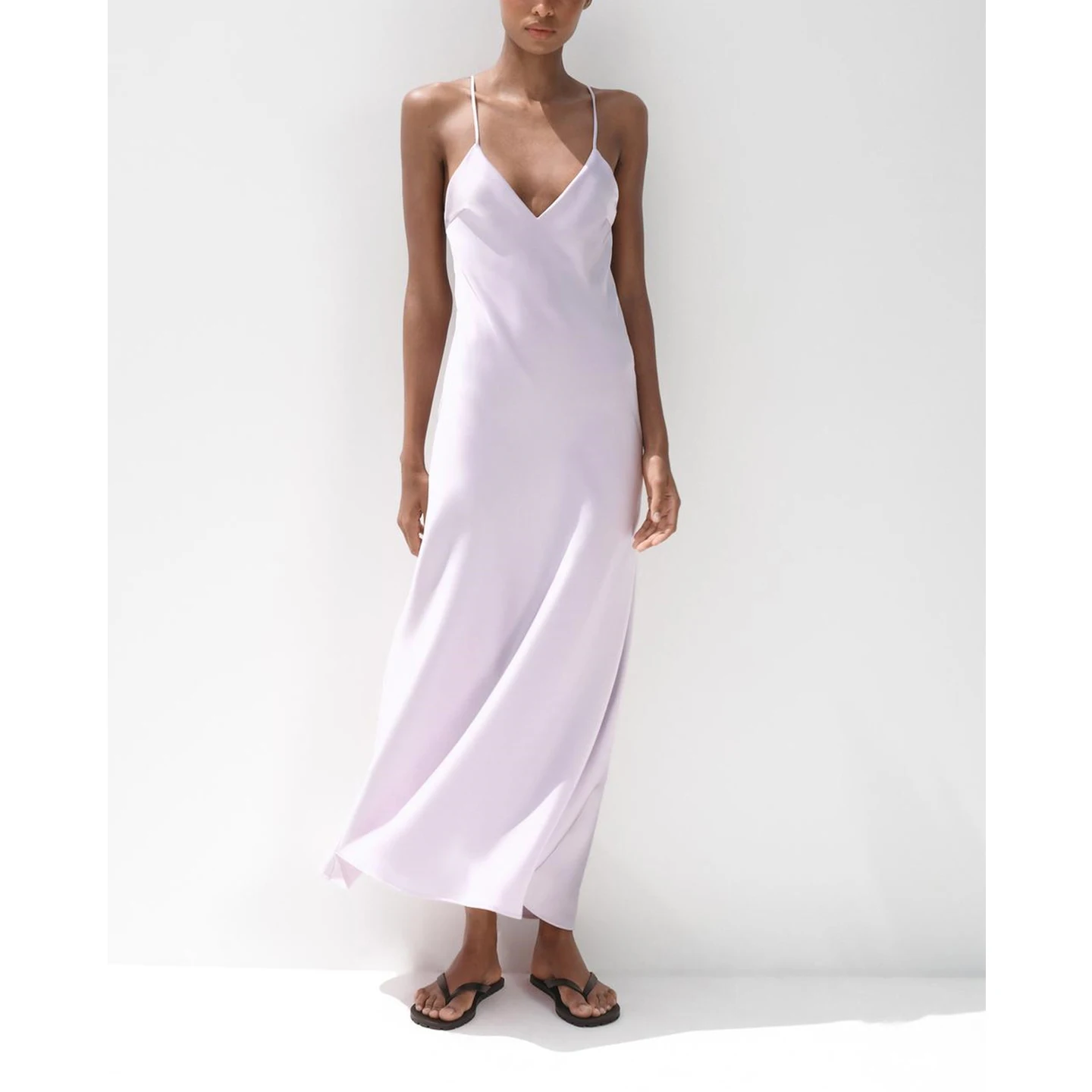 夏の女性用Vネックシルクサテンミディ丈ロングドレス、ハイウエスト、無地、通勤、カジュアル、シングルピース