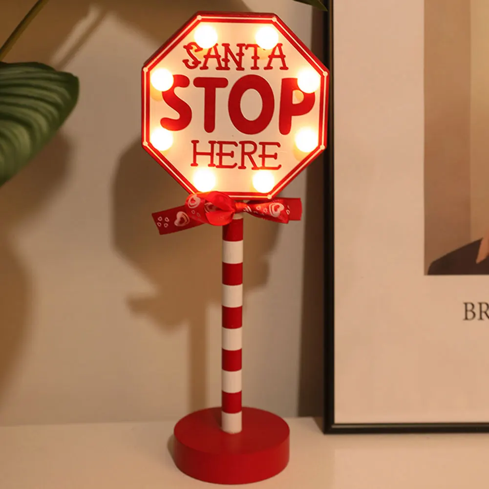 Santa Stop Here Sign LED Light Garden Decor Light Warm Light Xmas Table Decoration Light Up Desktop Ornaments for Home Office