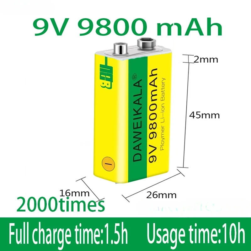 9V 9800mAh Rechargeable Battery Micro USB 9V Lithium for Multimeter Microphone Toy Remote Control KTV Use