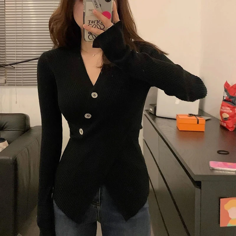 Autumn Winter New Irregular V Neck Sweater Women Sweet Slim Fit Split Pullover Solid Button Long Sleeve Knitted Tops Female