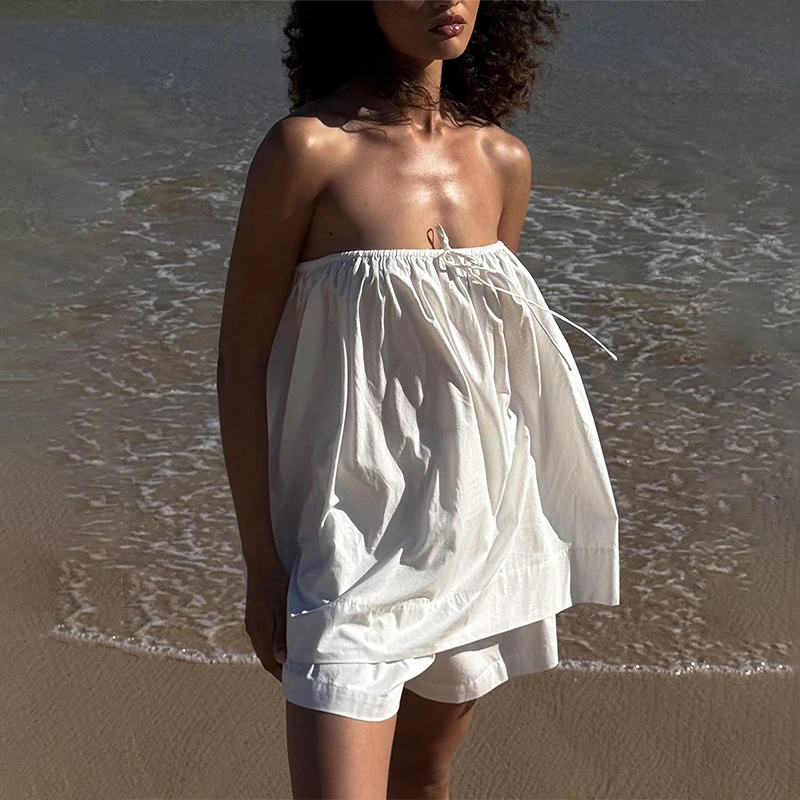 

TARUXY Strapless Top Shorts 2-Piece Set Women Summer Pleated Off-The-Shoulder Solid Top Short Pants Set Holiday Party Female Set