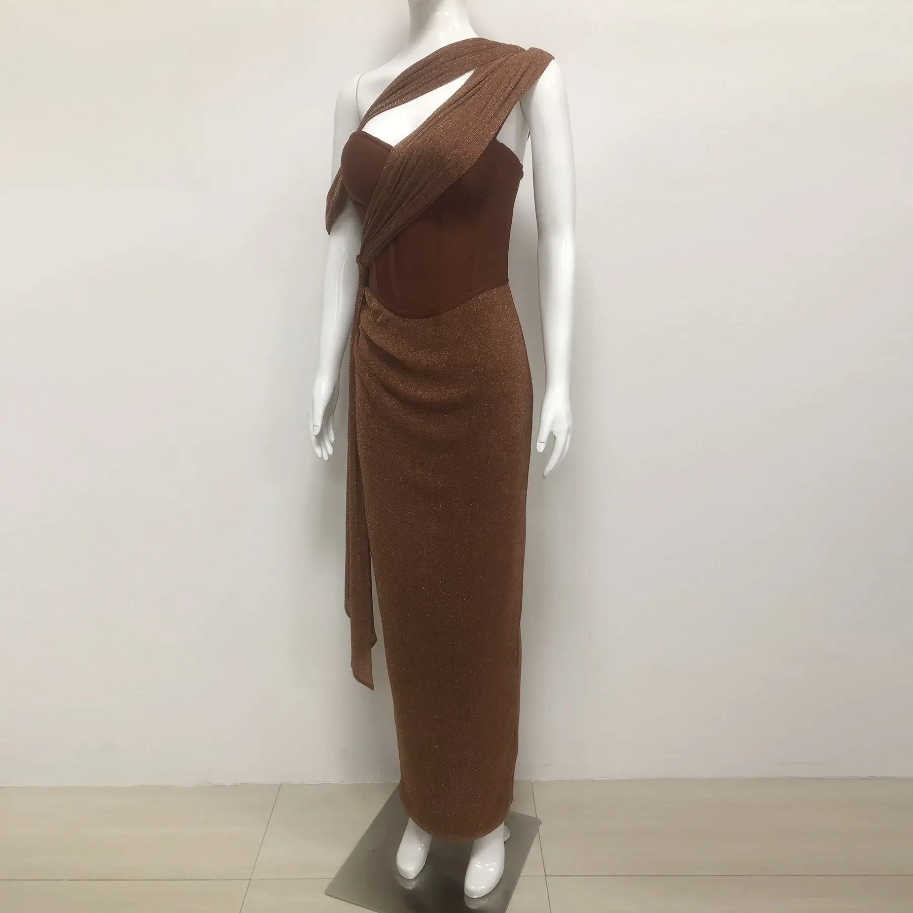 2025 mujeres celebridad Sexy un hombro Patchwork marrón ceñido vestidos Vestido elegante fiesta de noche Club Vestido