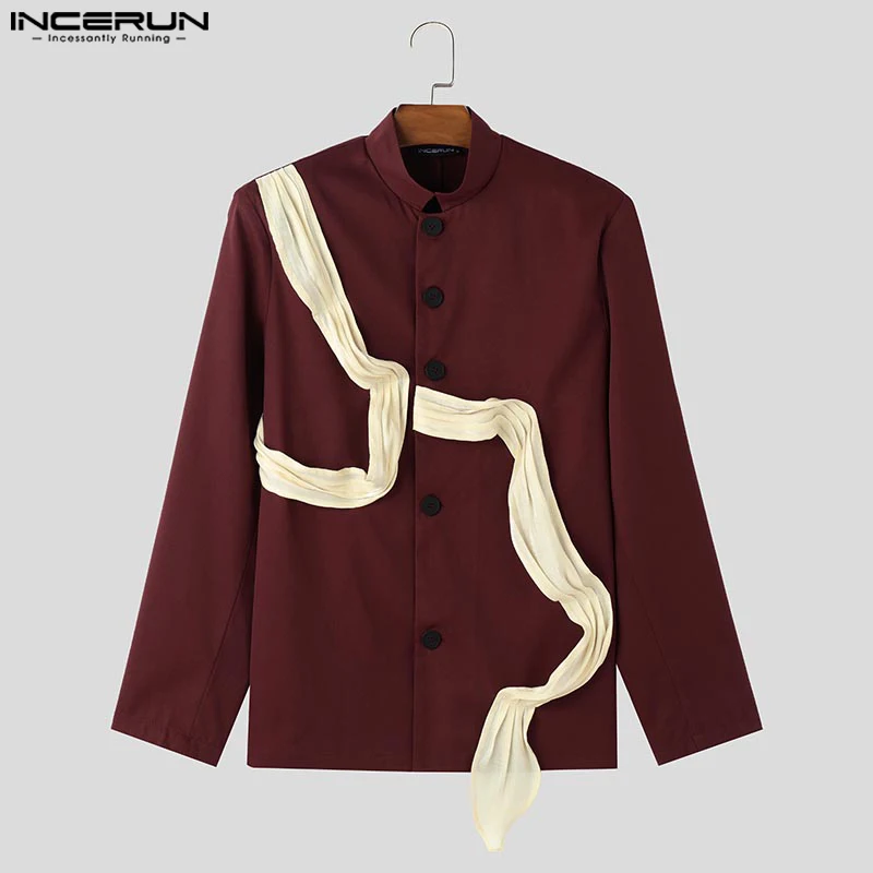 Handsome Men Clothing INCERUN Fashion Irregular Ribbon Splicing Suit Coat Casual Streetwear Male Loose Long Sleeved Blazer S-5XL