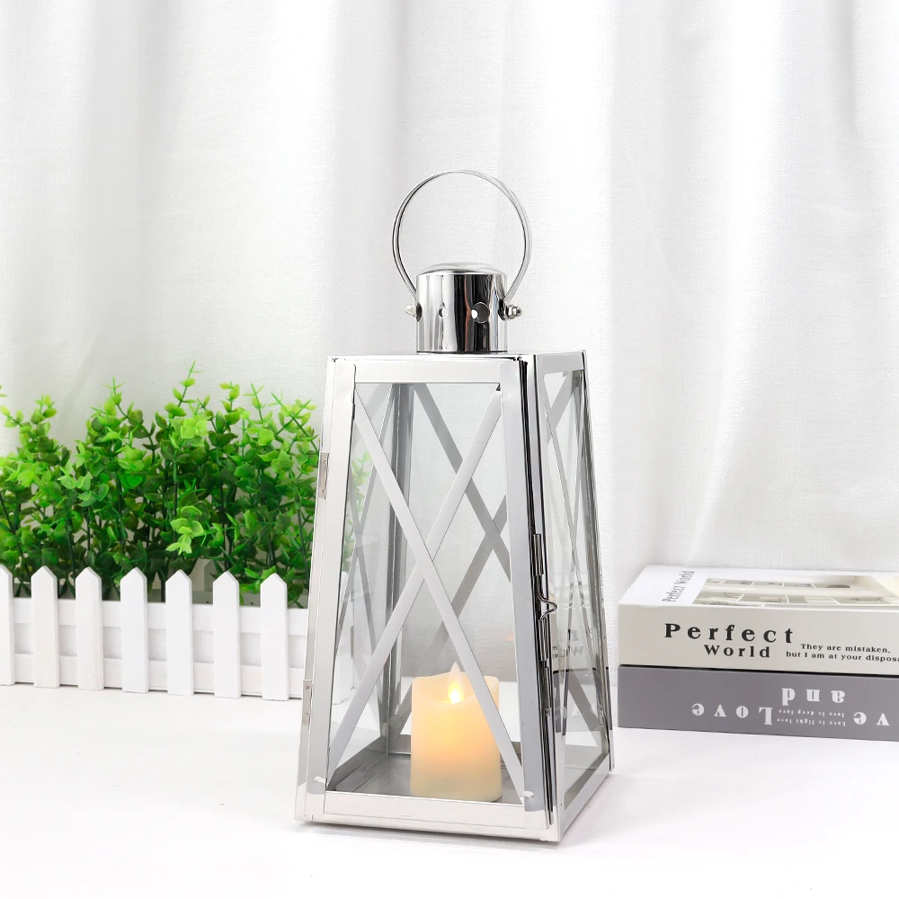 Vintage Candle Holder Lantern Stainless Steel Hanging Lantern with Tempered Glass for Living Room Garden Patio Party Home Decor