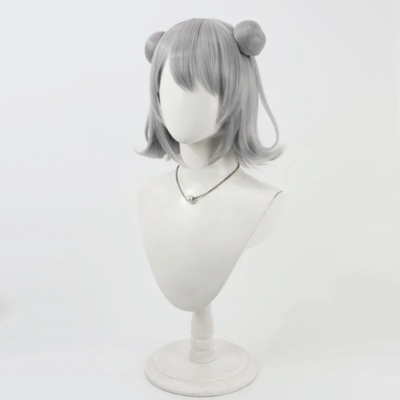 Koharu Rikka Cosplay Wigs With Buns Virtual YouTuber Koharu Rikka 30cm Short Gray Wig Heat Resistant