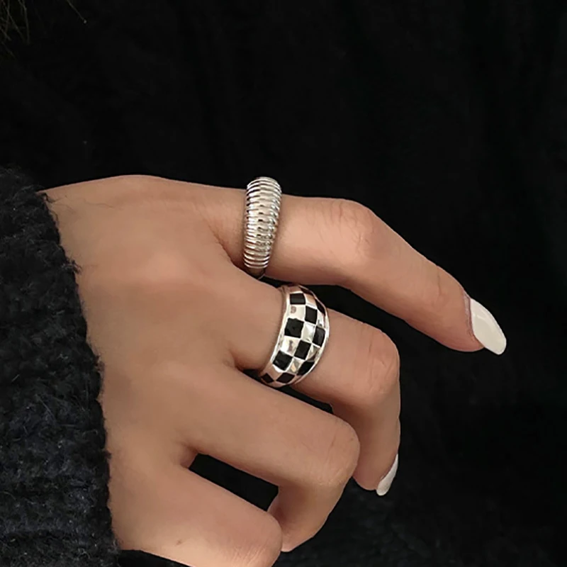 FOXANRY Minimalist Silver Color Couples Rings for Women Fashion Creative Black White Plaid Geometric Party Jewelry Gifti