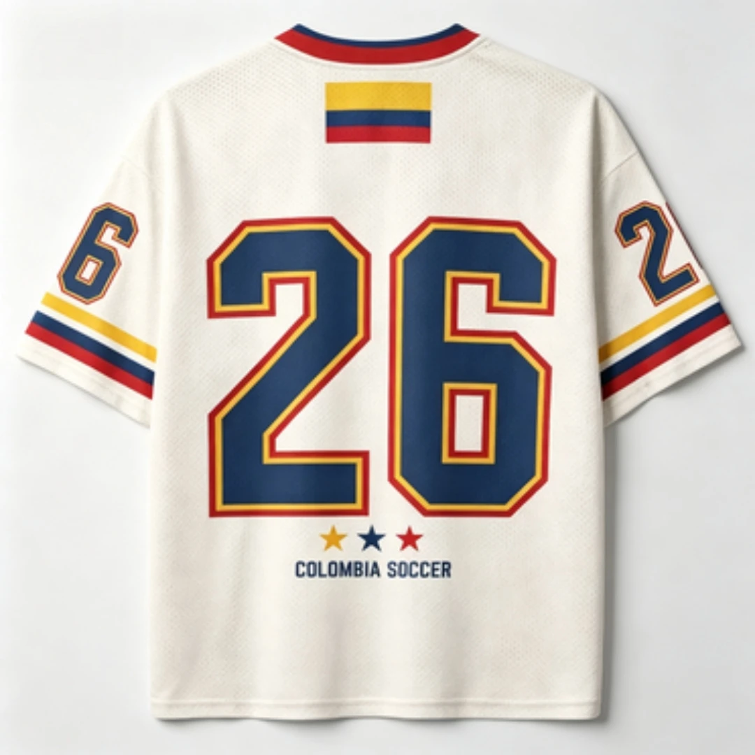 Colombian Football Jersey Number 263D Printed Mesh V-neck Short Sleeved Beige Retro Colombian Flag Football T-shirt