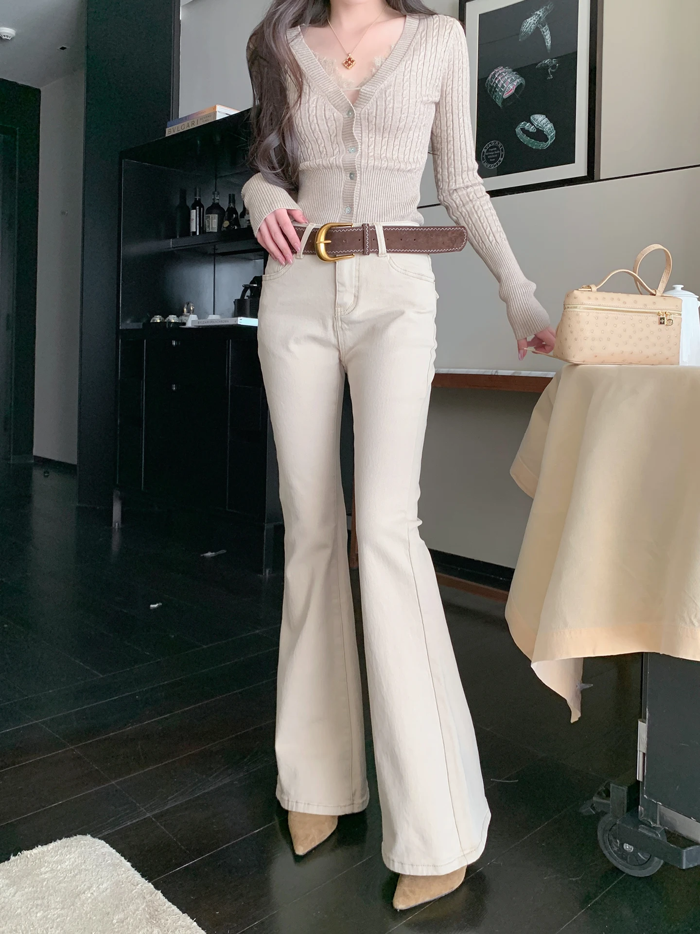 

ByYou Winter New Thiened Fce High Waist Bell Bot Jeans Women's Apricot Bell Pants Casual Trousers for Ladies