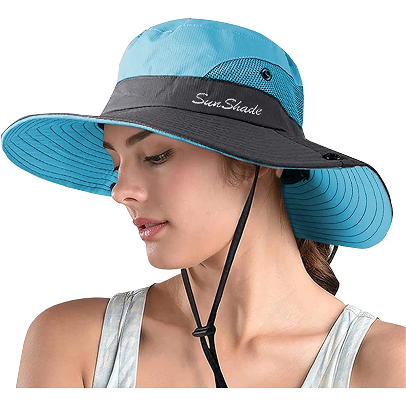 Women's Ponytail Safari Sun Hat,Wide Brim UV Protection Outdoor Bucket Hat,Foldable Beach Summer Fishing Hat