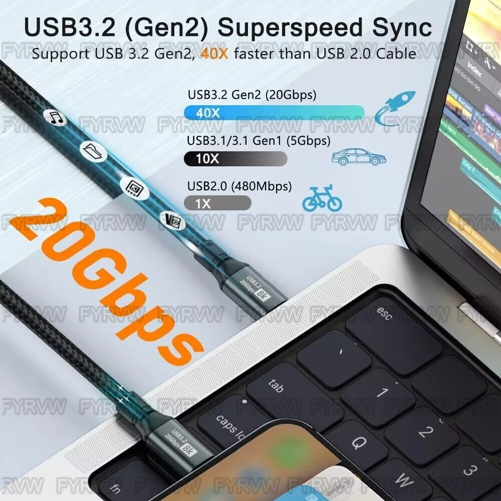 Type C 20Gbps PD100W USB3.2 10Gbps 4K Type C ThunderBolt Cable 8K@60Hz USB-C Cable For iPhone15 MacBook Samsung 1m 3m braid Cord