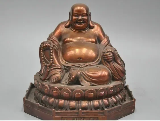 

8''China Happy Maitreya Buddha Monk Hold Prayer Beads Bronze Statue
