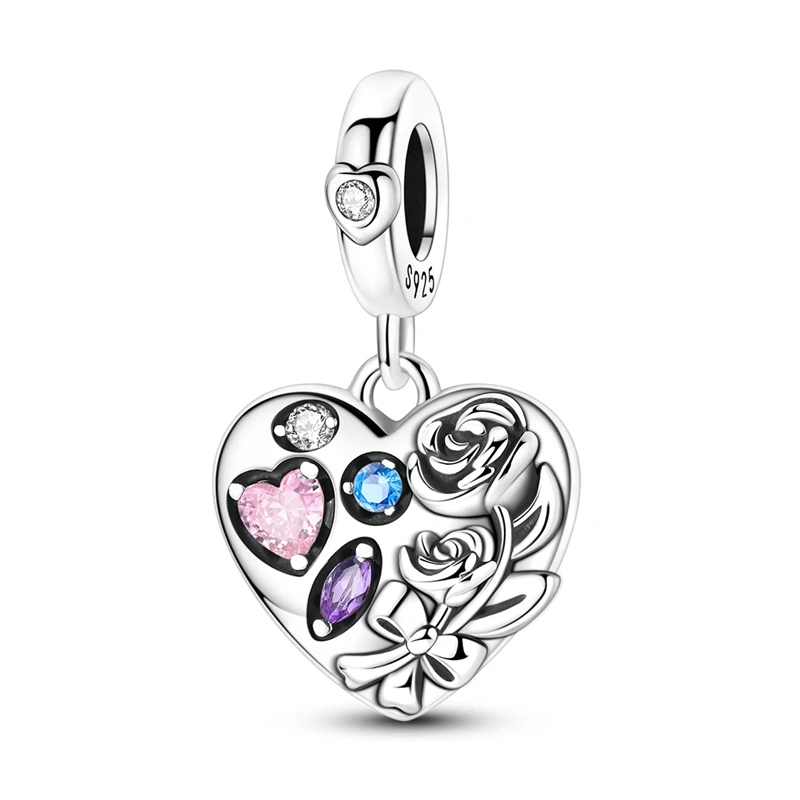 

925 Sterling Silver Heart Charms Bead CZ Zircon Rose Chocolate Dangle Fit Original Bracelet DIY Women Jewelry Gift