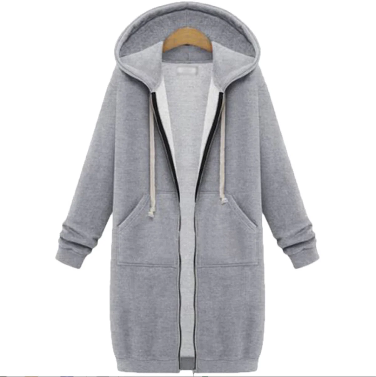 Women Zipper Mid Length Hoodies Long Sleeve Pocket Loose Sweatshirt Autumn Winter New Fashion Jacket Lady Streetwear Casual Coat