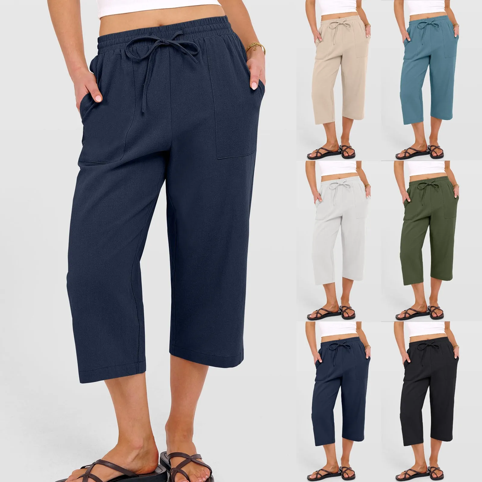 

Women's Baggy Pants Cotton Linen Casual Trousers Full Length Mid Waist Wide Leg Pants Navy Blue Black Cropped Solid Color Pants