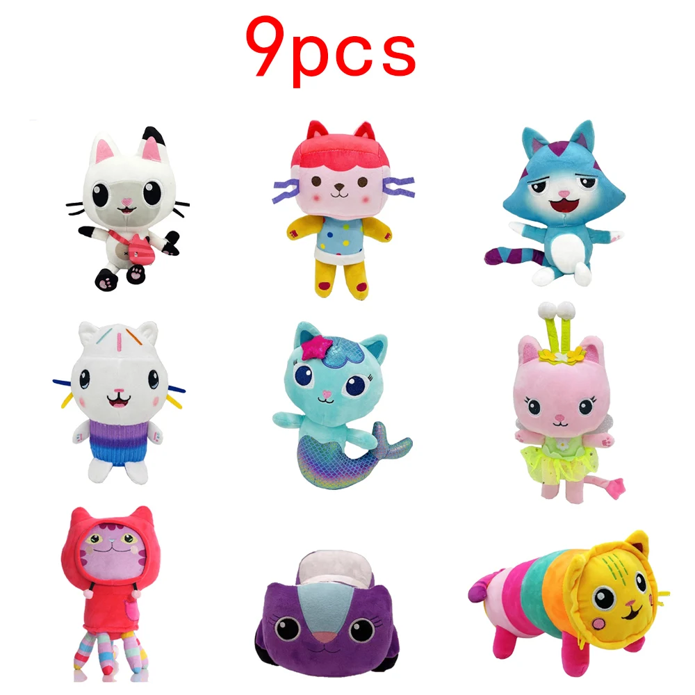 9Pcs Gabby Dollhouse Plush Toy Cute Mercat Stuffed Animals Car Cat Gabby Girl Plushie Dolls for Kids Christmas Birthday Gifts