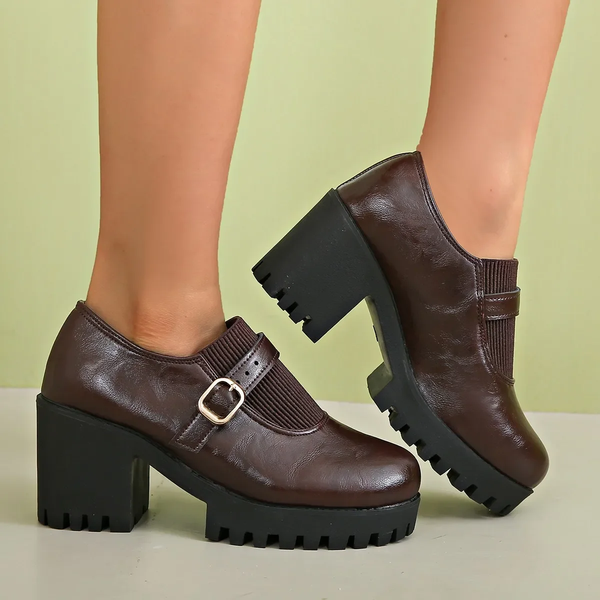 

Muffin thick heel deep mouth professional single shoe women autumn large size thick sole British high heel small leather shoes