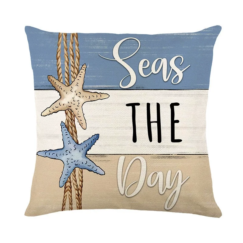 Throw Pillow Case Sea Theme Decorative Square Cotton Linen Cushion Cover for 18X18 Inch Pillow Inserts, 4Pack Pillow Covers